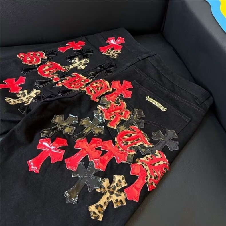秋季新款慵懒加长彩色拼皮十字架长裤宽松阔腿牛仔裤男AMT705P75,男装皮裤,星座1013-5