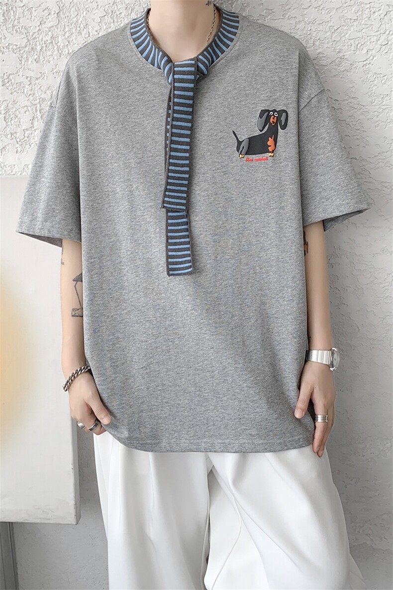 8XL-M纯棉复古拼接假领带设计短袖美式T恤男重工情侣上衣潮DX341,男装T恤,电商D206-1