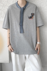 8XL-M纯棉复古拼接假领带设计短袖美式T恤男重工情侣上衣潮DX341，男装T恤，电商D206-1