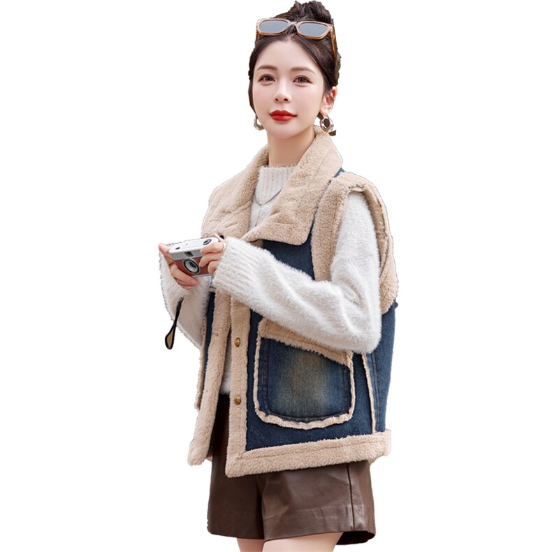 （新款现货）2025冬装时尚皮毛一体加绒牛仔马甲女,女装马甲,1D060