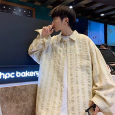 条纹长袖衬衫外套时尚绿色杏色M-2XLC91，男装衬衫，星座1116A-1（原606A）