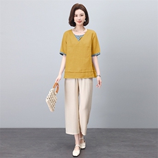 休闲文艺国风套装女2024新款夏装时尚苎麻高端刺绣复古休闲两件套，女装套装/套裙，凝聚力