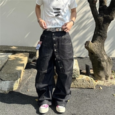 NTRS美式高街设计感弯曲长排扣牛仔裤男女宽松bf慵懒风拖地弯刀裤，男装牛仔裤，星座1210-1