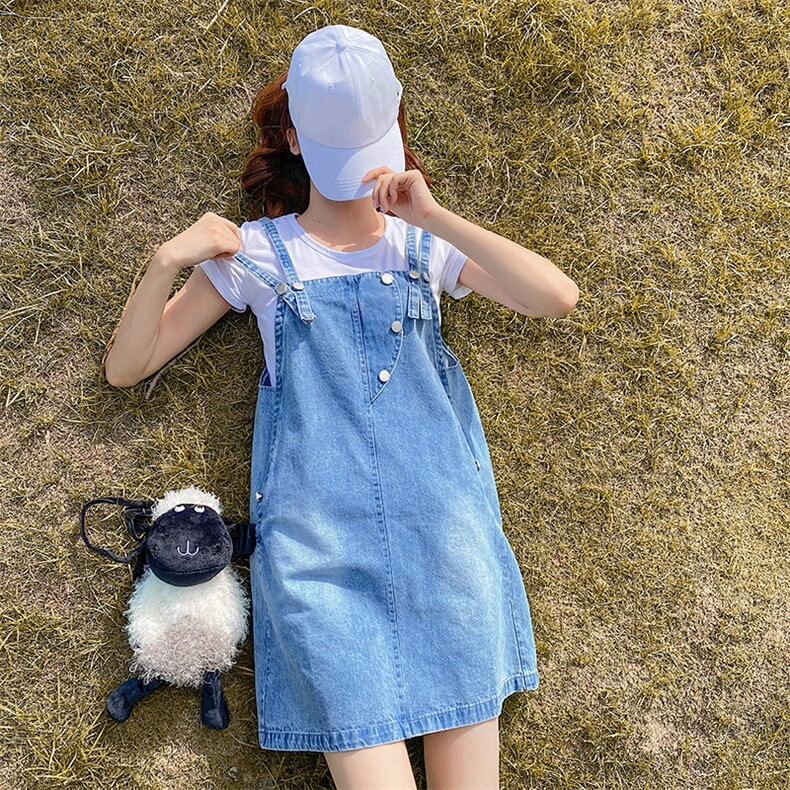 【现货】2021夏装新款牛仔背带裙166-1012P70蓝,女装连衣裙,茜茜公主