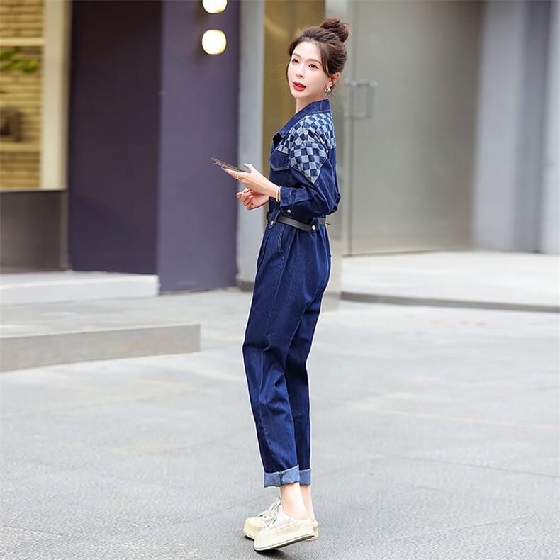 牛仔工装连体裤女2025春秋新款拼接格子高级感时尚流行连衣裤,女装连体裤,E百度