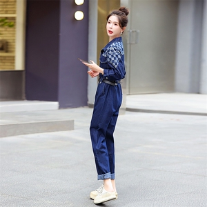 牛仔工装连体裤女2025春秋新款拼接格子高级感时尚流行连衣裤图片