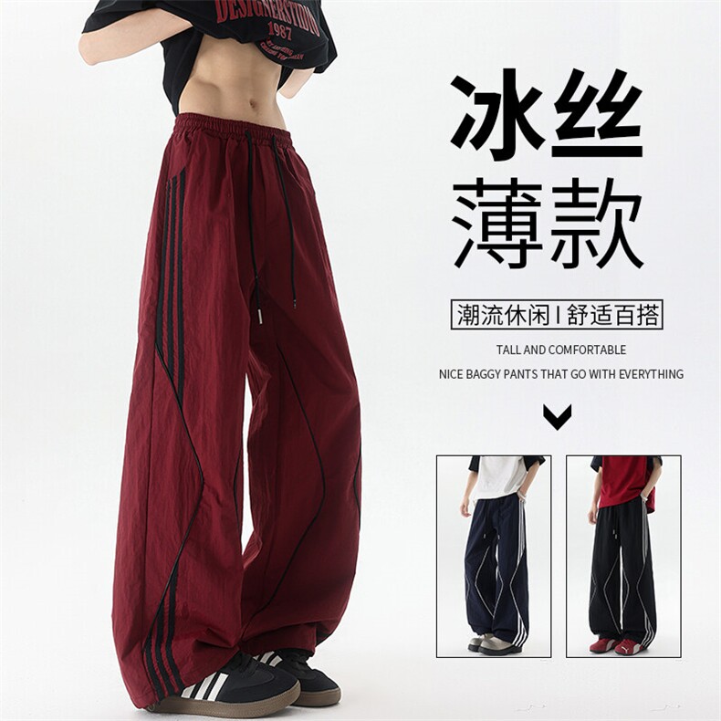 美式高街条纹裤子男夏季冰丝宽松冲锋户外工装伞兵阔腿裤KZ047P55图片