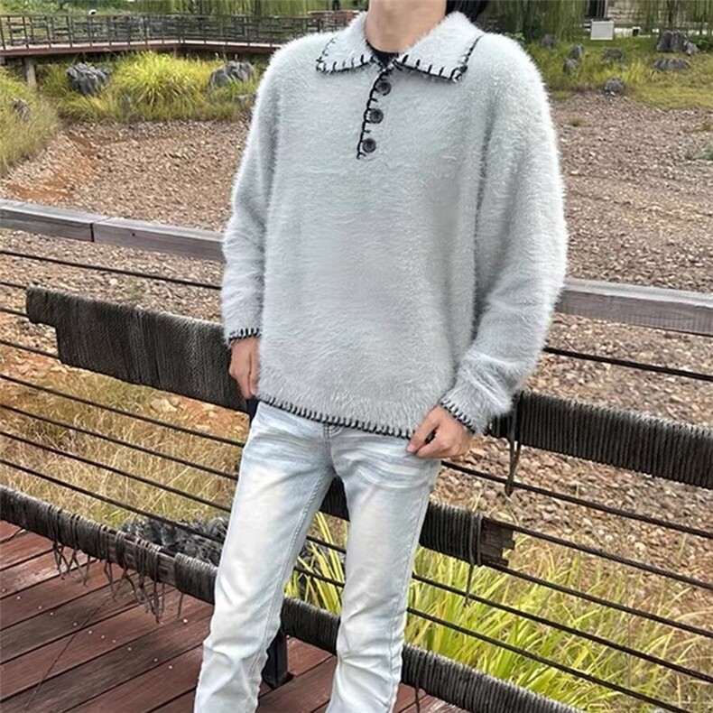 秋冬季新款复古百搭重磅设计感慵懒风手缝线p0l0领针织衫毛衣男,男装针织衫/毛衣,星座506A