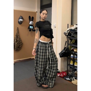 复古慵懒风百搭格子裤男女爵士舞双腰头拼接宽松阔腿裤 KB3070图片
