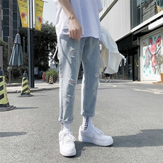 现货CN60港风chic韩版休闲九分裤简约破洞牛仔裤直筒裤N60，男装牛仔裤，星座1008