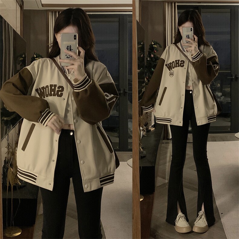 春季棒球服绣花拼接新款连帽卫衣开衫女宽松学生上衣外套C689-88,女装短外套,星座911-2(原星座613-2）