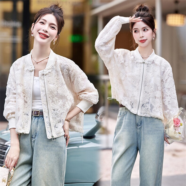 国风蕾丝刺绣棒球服外套女2024春夏新款小个子宽松百搭薄款防晒衣，女装短外套，大掌柜