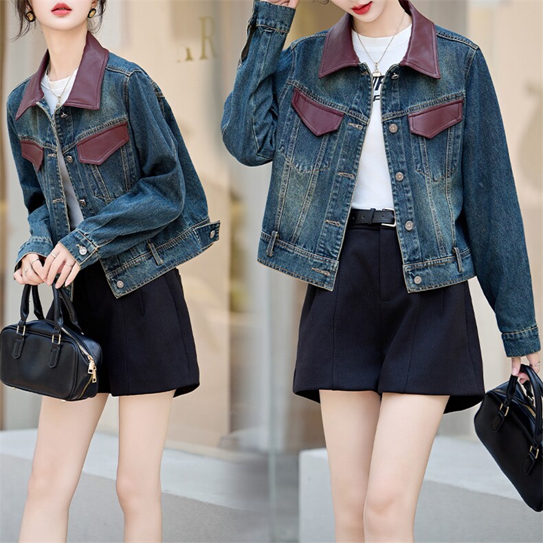 现货秋季新款韩版百搭港风复古牛仔外套女PU皮拼接夹克显瘦上衣，女装牛仔外套，潮流依族