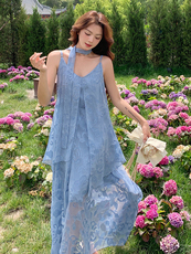 法式复古气质蕾丝吊带连衣裙女夏季新款设计感小众收腰显瘦长裙子，女装连衣裙，浙宝305