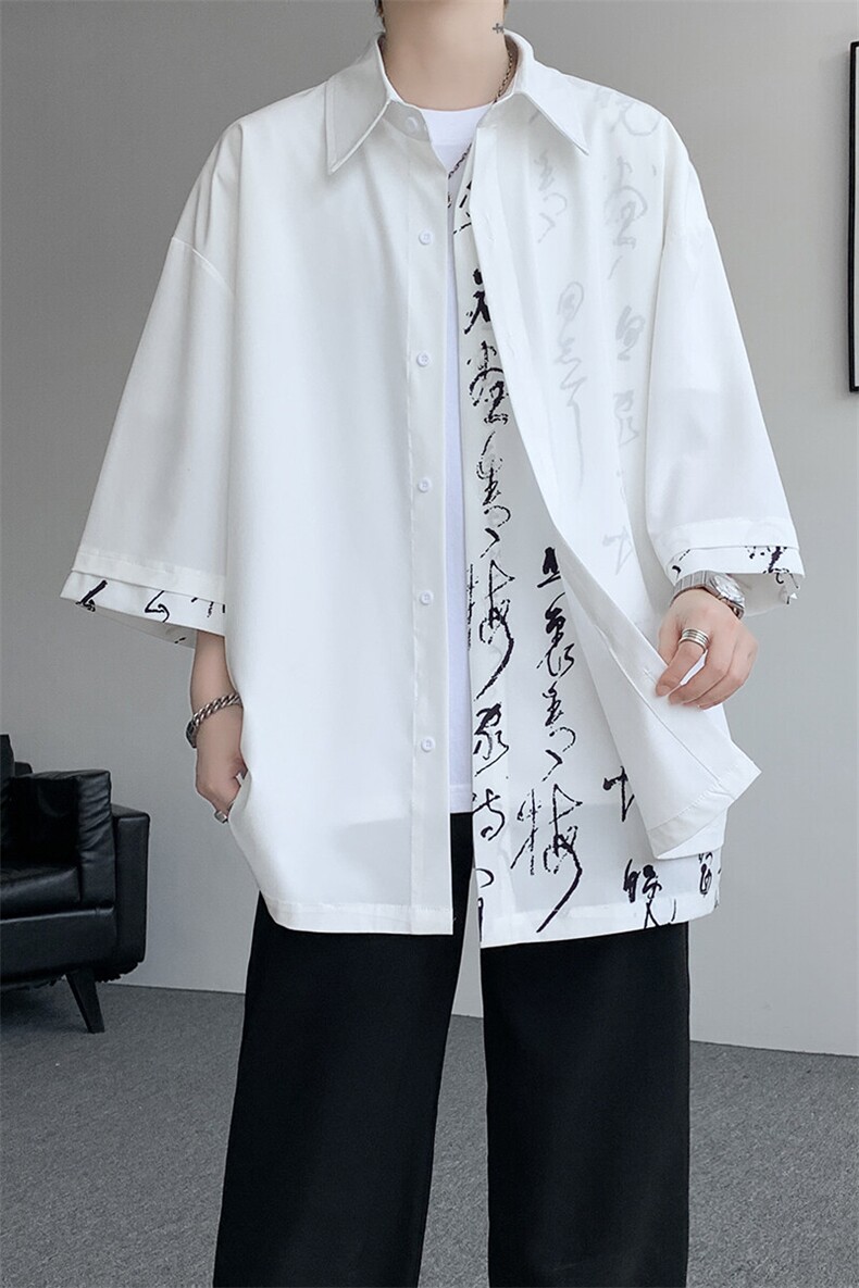 假两件短袖衬衫新中式风设计衬衣大码垂感冰丝外套DC1705特P35,男装衬衫,电商B238