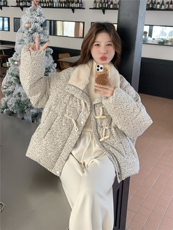 撞色短款小香风碎花羽绒服2025新款女冬独特漂亮毛绒领派克服外套，女装羽绒服，慧尚依恋