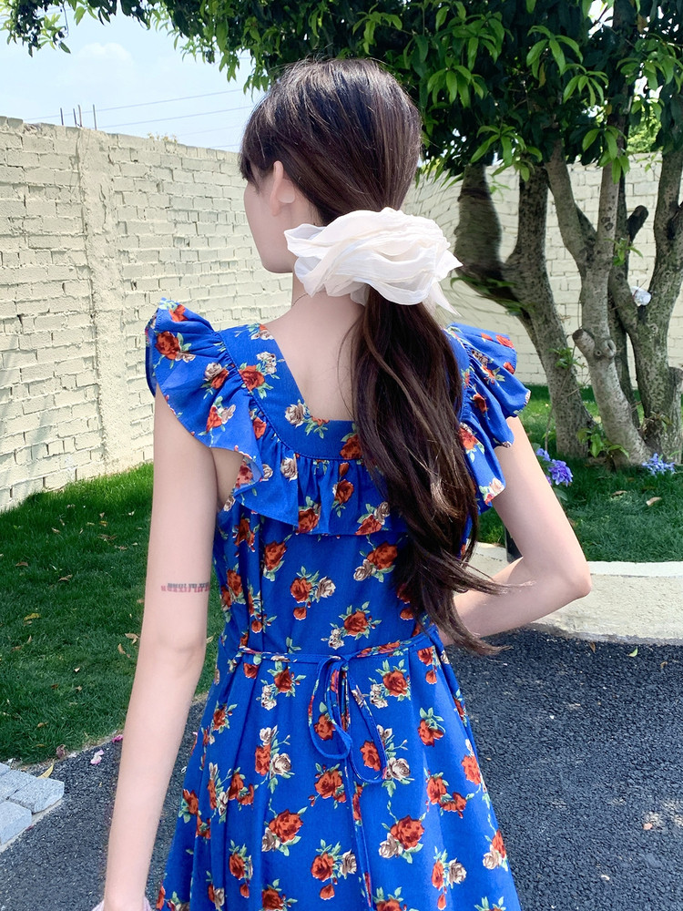 时髦前后两穿碎花小飞袖连衣裙女2025夏季休闲蓝色荷叶边拼接长裙,女装连衣裙,千寻