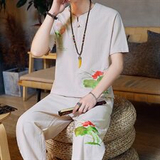 短袖T恤男2021夏季新款棉麻风刺绣套装男士一套唐装TZ024，男装T恤，星座509