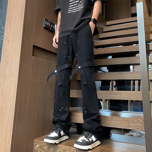 美式高街工装休闲绑带微喇叭直筒牛仔裤XZ-221-1-K1503-P60控78图片