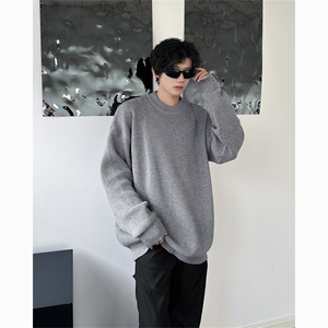 现货M869-P50灰色圆领毛衣男冬季套头打底针织衫外套保暖毛线衣图片