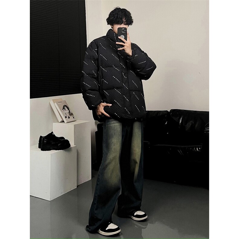 W8205P125控158华夫格印花棉衣冬季棉服外套宽松棉服情侣装男,男装棉衣,电商B205
