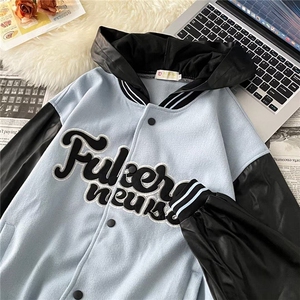 美式复古字母PU刺绣棒球服男女嘻哈宽松撞色情侣夹克EE005-P45图片