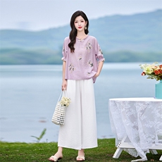 时尚洋气优雅刺绣套装女2026夏季新款复古气质宽松阔腿裤两件套，女装套装/套裙，魅影