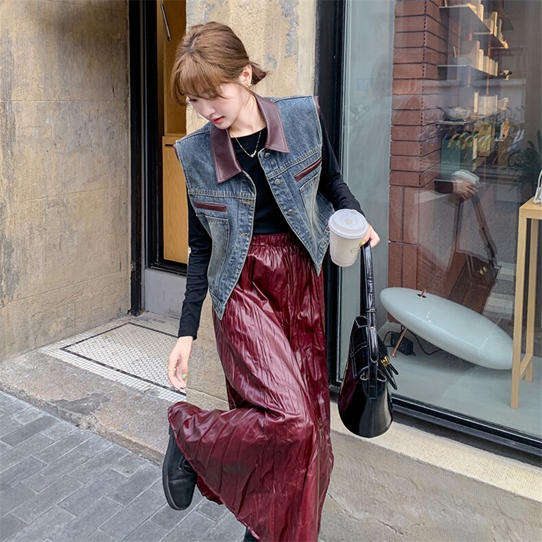 (新款现货）2026春装牛仔PU拼接马甲+压皱半裙+长袖T恤（三件套），女装套装/套裙，印象茜