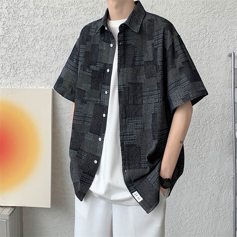 夏季棋盘格大码宽松牛仔衬衫复古短袖衬衣外套CS011-P50,男装衬衫,电商A042