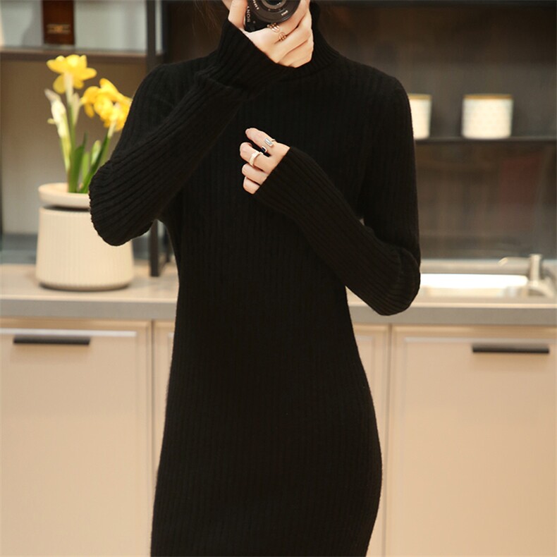 高领毛衣裙长款过膝2024年新款秋季百搭修身显瘦打底衫女中长版，女装连衣裙，蒙特羊绒
