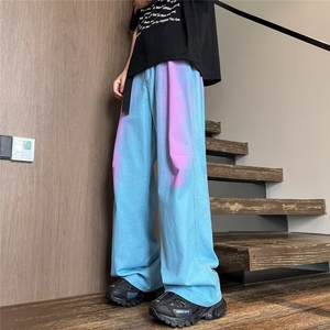 夏季新款彩虹渐变牛仔裤薄款潮流复古宽松直筒休闲阔腿裤 K8082图片