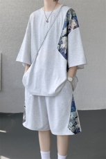 TZ792-特批50控98夏季冰丝潮流大码小熊撞色短袖短裤套装男，男装牛仔裤，电商A059