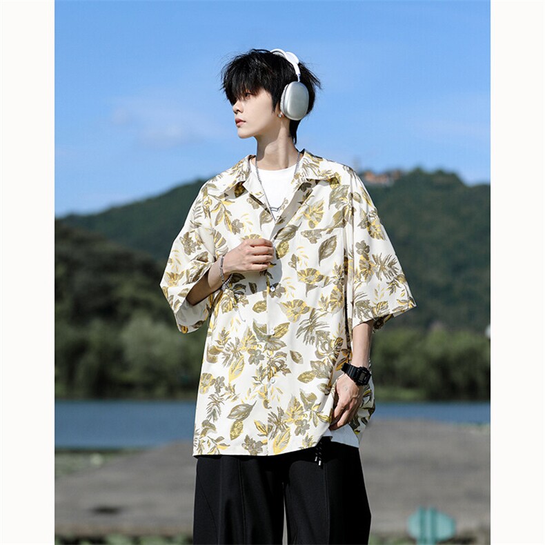 满印碎花衬衫短袖大码复古花卉衬衫夏威夷冰丝沙滩衬衣DC5016/P35,男装衬衫,电商B238