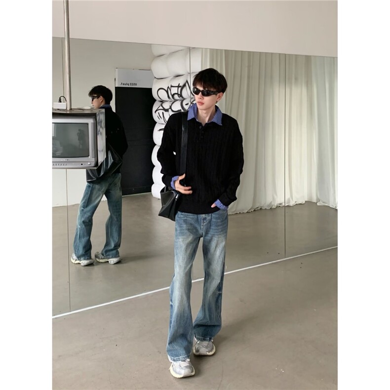 网现货假两件拼接polo领新款长袖针织衫男早秋学院B46-P73,男装针织衫/毛衣,星座910-1