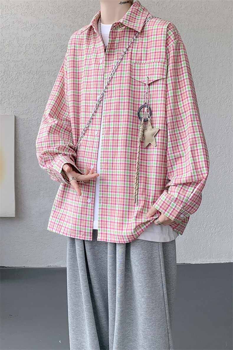 粉色多巴胺格子长袖衬衫男秋季美式潮牌高街格纹衬衣重磅正肩外套,男装T恤,电商A059