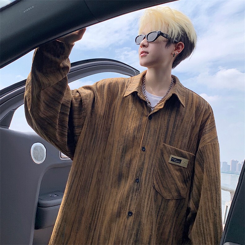 衬衫男秋季新款港风宽松大码灯芯绒扎染长袖衬衣CS3097-P42，男装衬衫，星座214-3