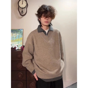 男士针织衫秋冬季假两件套头毛衣氛围感衬衫领高端毛线衣SWK71