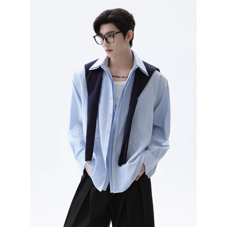【006】假两件披肩条纹衬衫休闲百搭衬衣开衫A079-C40-P59,男装衬衫,电商A079