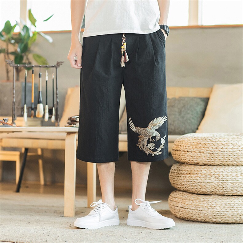 风休闲运动裤男装刺绣七分裤夏季棉麻直筒复古A266-1-K10-P50,男装牛仔裤,电商A266-1