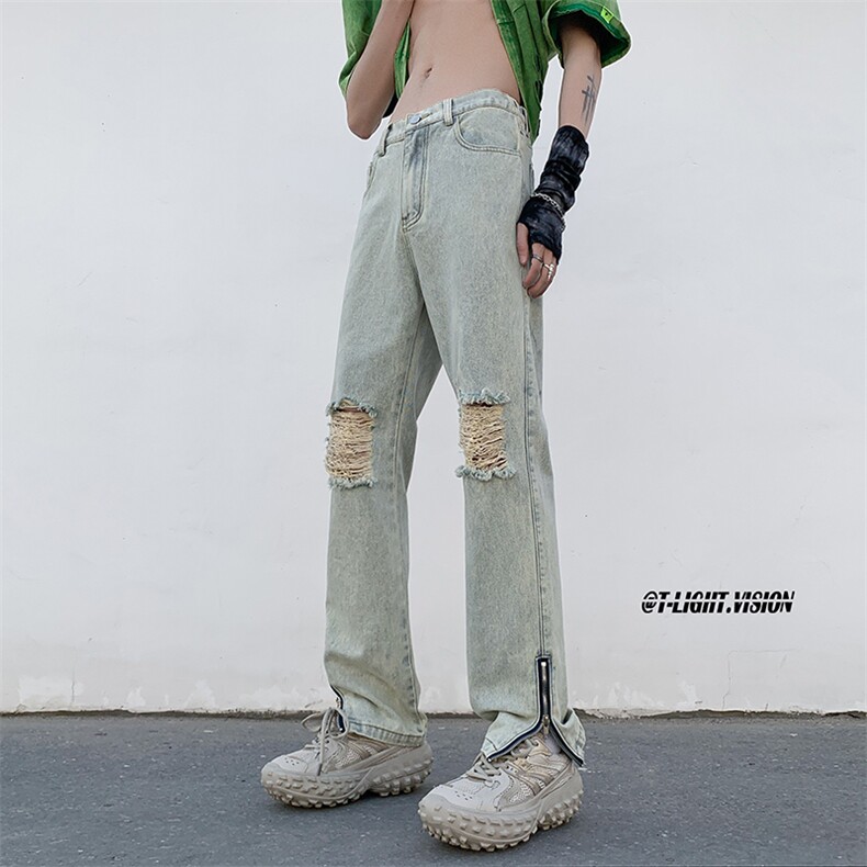 B221美式ins高街暗黑拉链小脚弹力破洞牛仔裤LK23060-P65控88,男装牛仔裤,电商B221