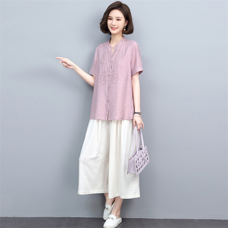 2022年套装新款时尚休闲中年妈妈棉麻风刺绣衬衫阔腿裤两件套,女装套装/套裙,忆绮罗
