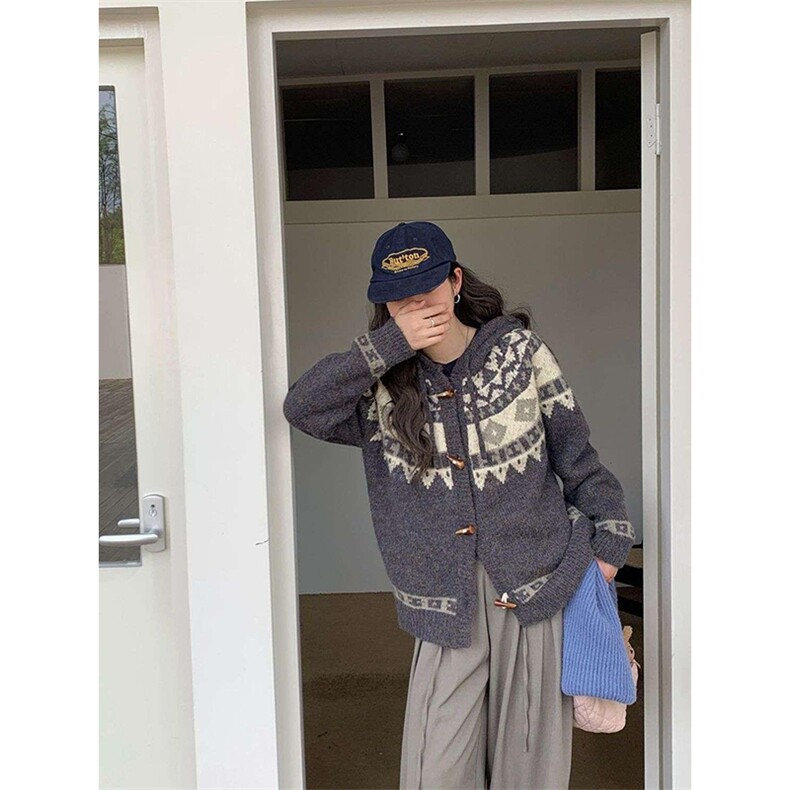 重磅秋冬北极绒开衫毛衣美式复古休闲慵懒风牛角扣针织衫连帽外套，男装针织衫/毛衣，电商A486-1