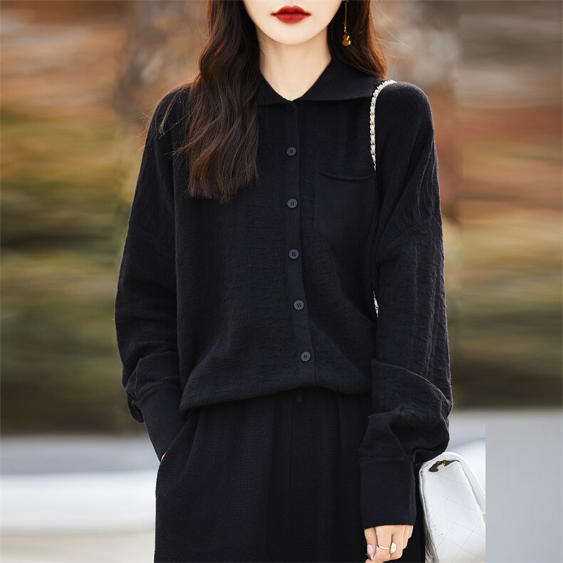 春装新款精纺细支羊毛衫女POLO领针织开衫纯色休闲套装阔腿裤薄款,女装套装/套裙,东远绒业