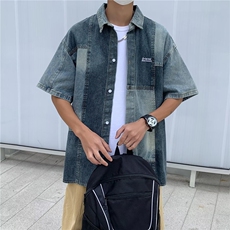 网络图现货美式小众设计感拼接撞色水洗高质量牛仔衬衫JJ1011-P55，男装衬衫，星座715-7