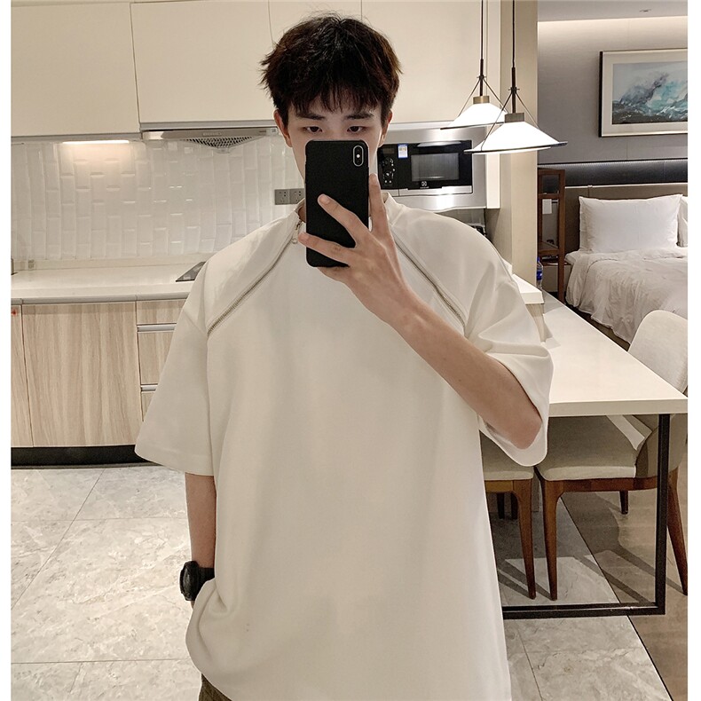 1港风美式双拉链设计T恤大码M-5XL情侣短袖T恤男DT77098P40控58,男装T恤,星座226-2