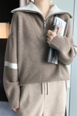 秋冬重磅高翻领100%羊毛衫女加厚拼色宽松羊绒套头半拉链针织上衣，女装羊毛衫，优麦羊绒（原洪叶羊绒）