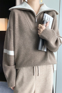秋冬重磅高翻领100%羊毛衫女加厚拼色宽松羊绒套头半拉链针织上衣图片