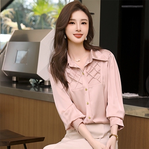 2024春季新款女装菱形格门襟衬衫 时尚百搭修身显瘦长袖上衣图片