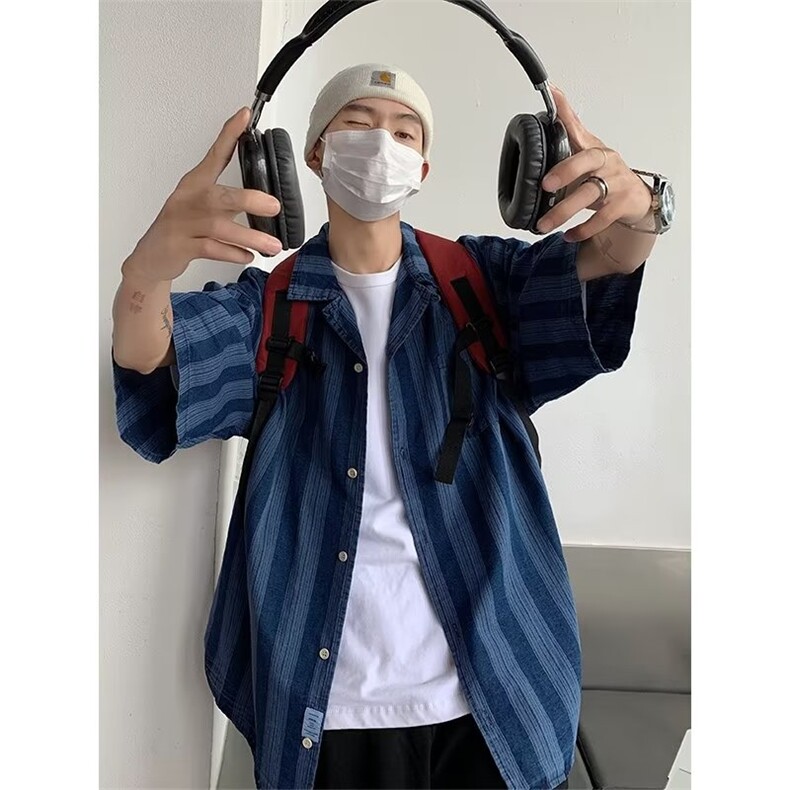 牛仔衬衫男韩版潮流条纹撞色高街帅2026夏季ins短袖外套CY214-P60，男装衬衫，星座412