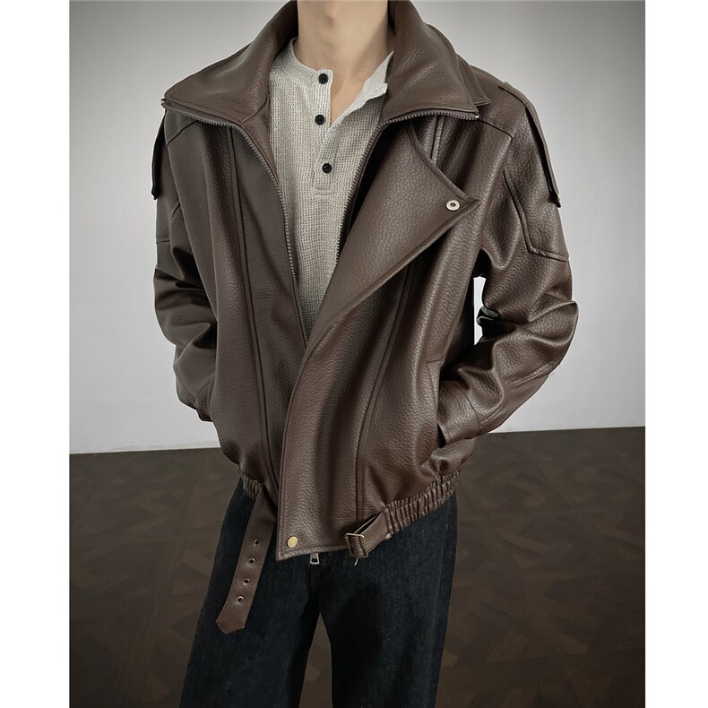 荔枝纹双层领廓形大码M-5XL机车面层PU皮衣JK78095特P118控，男装皮衣，星座227-7